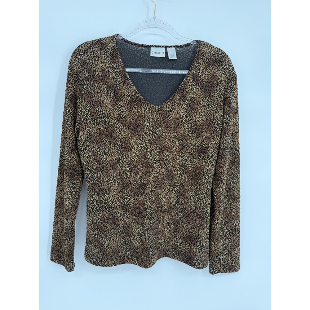 Chico's Brown Tan Abstract Seed Print V-Neck Long Sleeve Top Sz 2/L USA